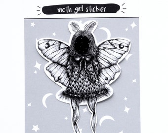 Pegatina de chica polilla - Ilustración con pluma y tinta, calcomanía de bruja espeluznante