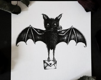 Love Bat Print, Bat Art, Spooky Art, Witchy Art, Witchy Decor, Halloween Art, Halloween Decor, Creepy Cute, Cute Animal Art, Dark Art, Goth