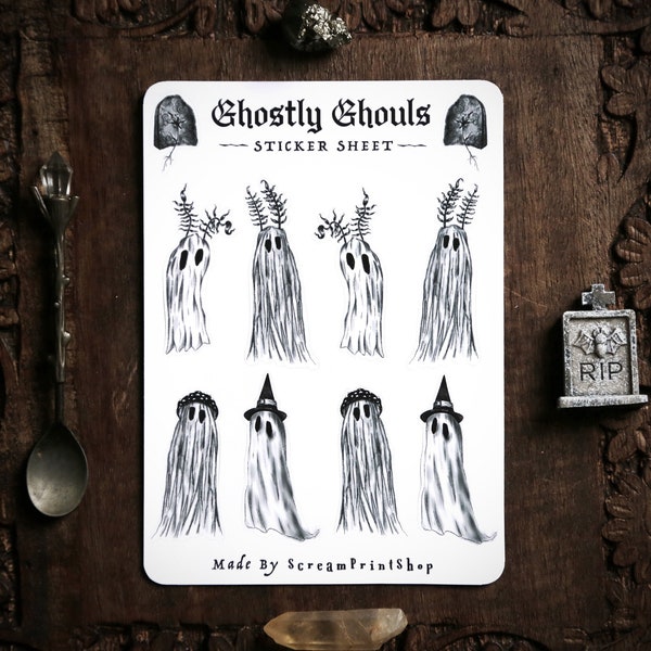 Ghostly Ghouls Sticker Sheet | Stationary | Ghost Stickers | Macabre | Spooky Cute | Folk Horror | Gothic | Dark Art | Witchy | Halloween