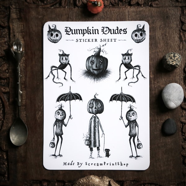 Pumpkin Dudes Sticker Sheet | Stationary | Halloween Jack O Lantern | Spooky Cute | Folk Horror | Vintage Halloween | Goth | Witchy Stickers