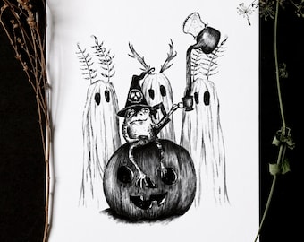 Haunted Tea Illustration Print, Spooky Halloween Art