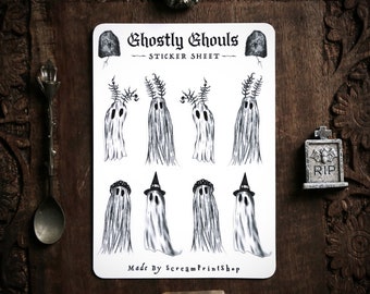 Ghostly Ghouls Sticker Sheet | Spooky Macabre Gothic Art