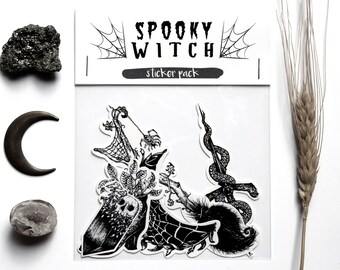 Spooky Witch Stickers - Witchy Sticker Pack - Gothic Spooky Stickers - Occult Halloween Art - Nature Skull Moon Broom - Magick Dark Art