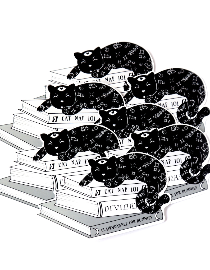 Puede incluir: Una pila de libros con ilustraciones en blanco y negro de gatos durmiendo encima. Los libros tienen t&iacute;tulos como "Cat Nap 101" y "Clarividencia para Dummies".