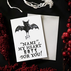 CUSTOM Heart Bats Card, Personalizowana kartka okolicznościowa, Niestandardowa upiorna słodka kartka, Niestandardowa gotycka kartka, Niestandardowa wiedźmia kartka, Niestandardowa kartka rocznicowa