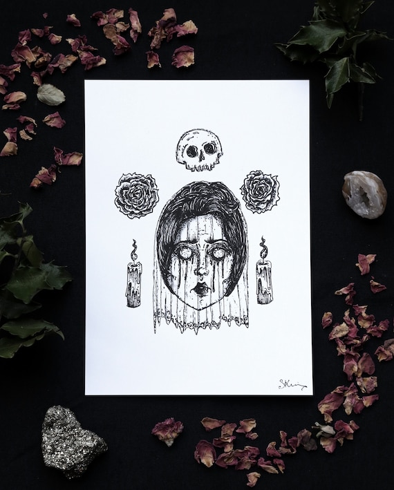 La Llorona Art Print – Gothic Folklore, Spooky Skull & Roses