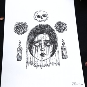 May include: Black and white ink drawing of a woman's face with a skull, roses, and candles. The woman's eyes are closed and she is crying tears of wax.