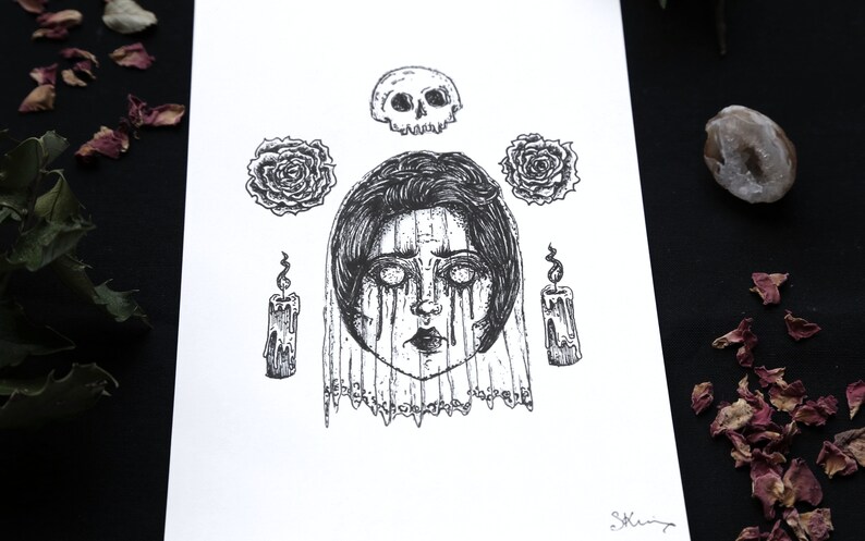 May include: Black and white ink drawing of a woman's face with a skull, roses, and candles. The woman's eyes are closed and she is crying tears of wax.