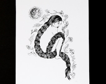 May include: Black and white line drawing of a woman with long braided hair sitting with her legs tucked under her. The woman is surrounded by various botanical elements, including leaves, flowers, and mushrooms. A full moon is in the upper left corner of the image.