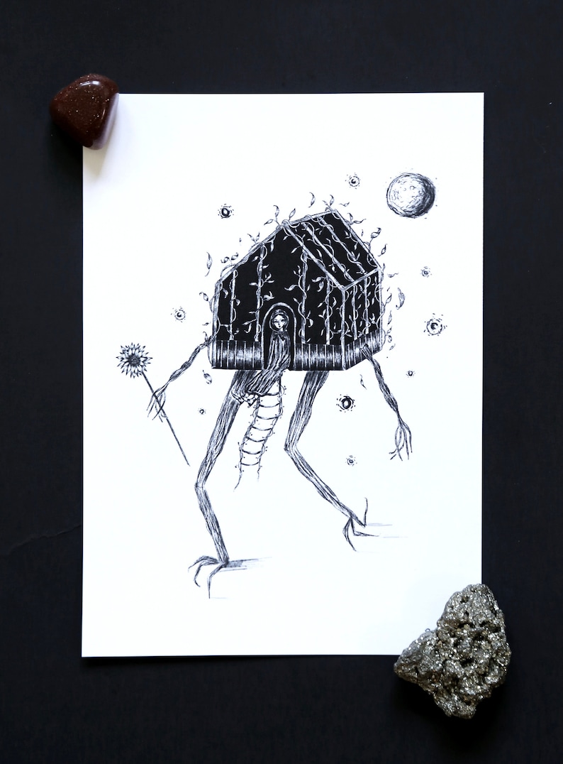 May include: Black and white ink drawing of a house with vines growing on it, walking on long, spindly legs. The house has a small window with a figure inside. The drawing is set against a background of stars and a moon.