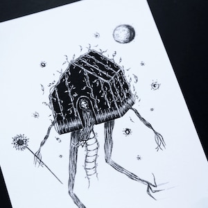 May include: Black and white ink drawing of a house with legs and vines growing from it. The house is walking on a white background with a moon and stars.