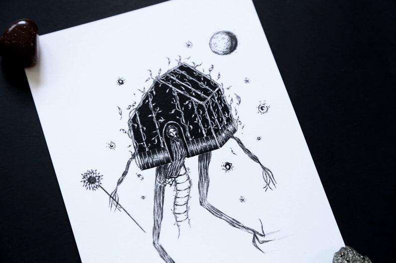 May include: Black and white ink drawing of a house with legs and vines growing from it. The house is walking on a white background with a moon and stars.
