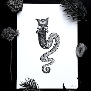 May include: Black and white ink drawing of a cat with a long, serpentine tail. The cat is wearing a bow tie and has a whimsical expression.