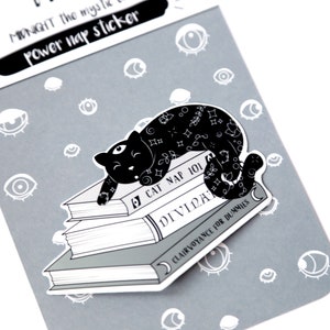 Puede incluir: Ilustraci&oacute;n en blanco y negro de un gato durmiendo sobre una pila de libros. Los libros se titulan "Cat Nap 101", "Divid" y "Clairvoyance for Dummies".