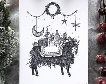 Yule Goat Art Print – Black and White Pen & Ink Christmas Decor