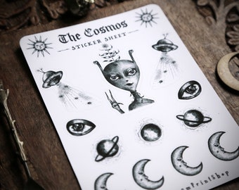 Cosmos Sticker Sheet | Alien, UFO, Moon, Celestial Stickers