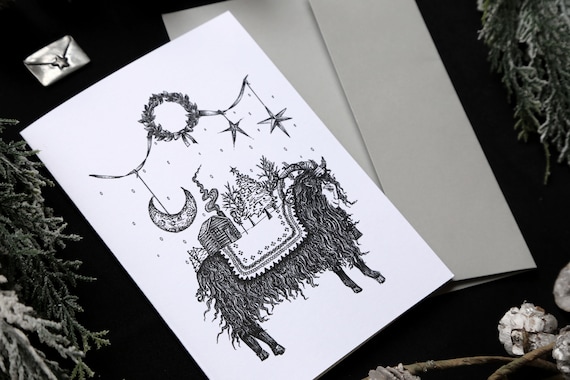 Yule Goat Card, Christmas Card, Yule Card, Folk Art Card, Unique Holiday Card, Animal Xmas Card, Folk Art, Woodsy, Vintage