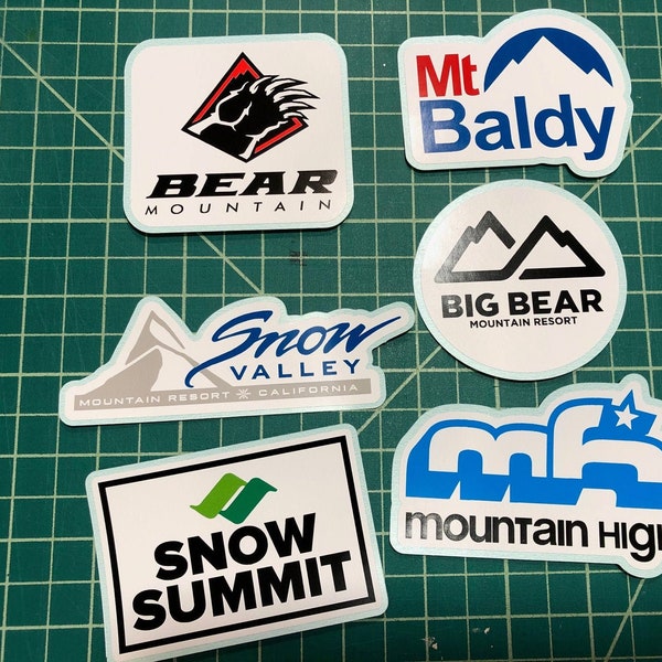 Southern California Ski Resort Decals Stickers for Water Bottle, Helmet, Car, Laptop Mt Baldy, Big Bear, Mountain High, Snow Valley Summit