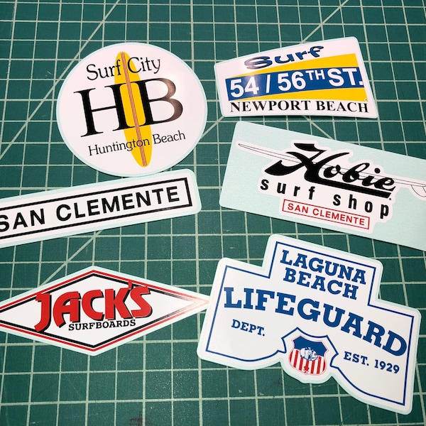 Beach Decals Stickers for Southern California Beaches, Huntington, Laguna for HydroFlask, Tumbler, Car Bumper, Laptop, SoCal Sticker Pack