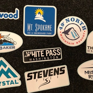 Washington Ski Resort Decals, Stickers for Water Bottle, Helmet, Car, Laptop, Crystal, Mt Baker, Stevens Pass, Snoqualmie, 49 north, white