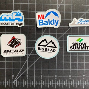 HELMET SIZE 1.5&quot; MINI Southern California Ski Decals, Stickers for Water Bottle, Helmet, Laptop, Big Bear, Mountain High, Snow Valley