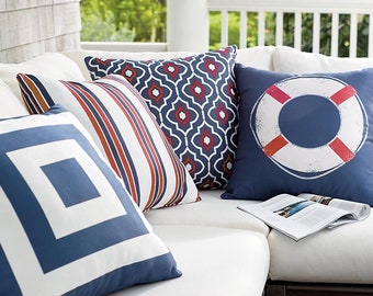 Nautical Outdoor Pillow, Navy Blue, Life Preserver, Outdoor Throw Pillows, Lake and Beach Decor, Pillows for boat,  20x20" outdoor pillows