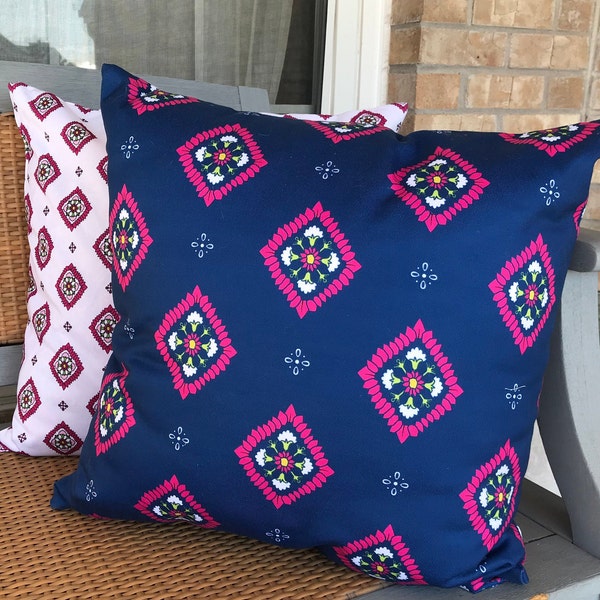 Spring Summer Outdoor Throw Pillow Collection with Blue Pink Diamond Pattern 20x20
