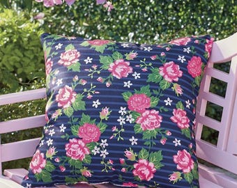 Blue Floral Striped Indoor/Outdoor Filled Throw Pillow, 20x20 Square, Floral pillow, Blue Stripe, Flowers, patio decor, outdoor pillow,