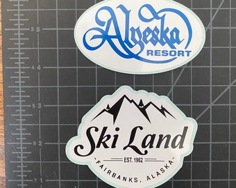 ALASKA Ski Resort Stickers, Alyeska, Ski Land, Ski sticker pack. Decals, Stickers for Water Bottle, Helmet, Car, Carrier, gift for skier