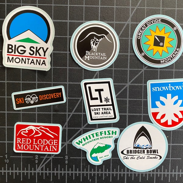 HELMET SIZE 1.5" Mini MONTANA Ski Resort Decals, Stickers, Big Sky, Whitefish, Bridger Bowl, Discovery Snowbowl, Red Lodge, for Helmet