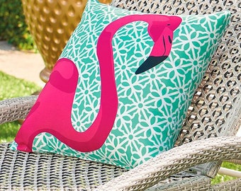 Flamingo Outdoor Throw Pillow Pink and Teal Flamingo Geometric Design 20x20