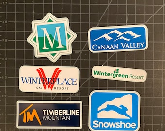 VIRGINIA & WEST VA Ski Resort Decals Stickers for Water Bottle, Car, Ski Carrier, Helmet, Timberline, Winterplace, Wintergreen, Snowshoe