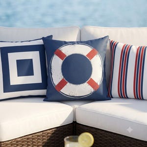 Nautical Outdoor Pillow Set 20x20, Blue and Red Coastal Patio Decor, Lakehouse Throw Pillows, Sailor Stripes, Life Preserver, Cushion Covers