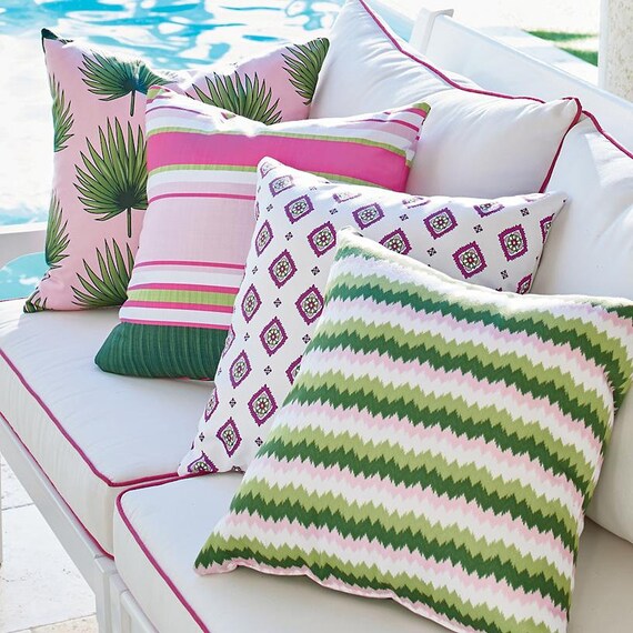 Pink & Green Outdoor Throw Pillows Collection with Stripes Etsy