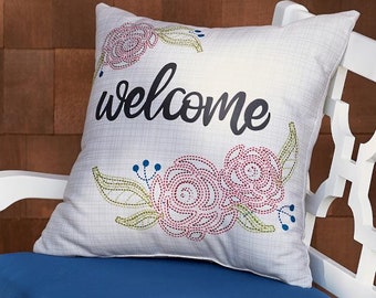 Welcome Pillow, Floral Outdoor Pillow 20x20, Floral Pillow for Front Porch, PIllow for Bench, Chair, Spring Decor, Welcome sign