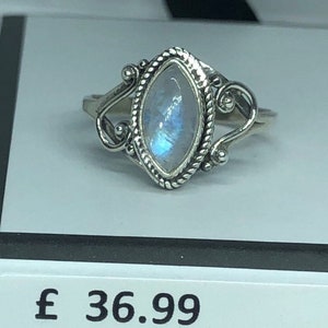 925 Sterling Silver Marquise Natural Moonstone Gemstone Ring. Unique Birthday, Anniversary or Wedding Present in Beautiful Gift Box