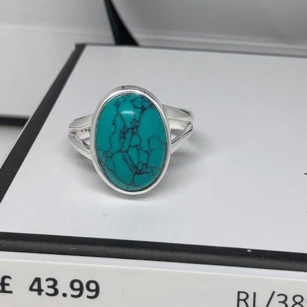 Natural Turquoise 925 Sterling Silver Oval Gemstone Rios London Ring. Unique Birthday, Anniversary or Wedding Present in Beautiful Gift Box