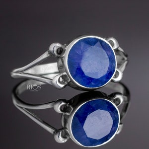 New 925 Sterling Silver Sapphire Facet Cut Round Gemstone Blue Stackable Women Ring Gift Boxed