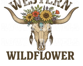 Western Wildflower Longhorn Skull PNG | Boho Turquoise Feathers Floral Sublimation | Vintage Western Skull Graphic Tee Clipart