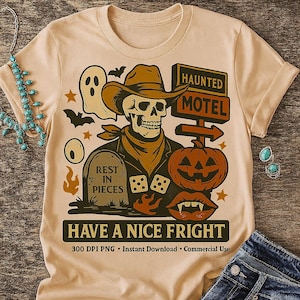 Haunted Motel Cowboy PNG | Spooky Western Skeleton Halloween Sublimation Design | Vintage Ghost Rodeo Retro Graphic