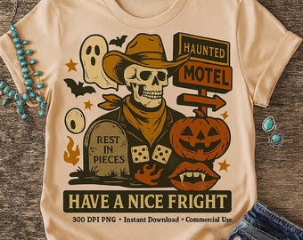 Haunted Motel Cowboy PNG | Spooky Western Skeleton Halloween Sublimation Design | Vintage Ghost Rodeo Retro Graphic