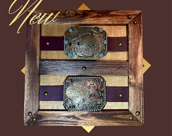 Custom Trophy Buckle Display Frame, Latigo Leather Straps, Rustic Western Award Wall Decor