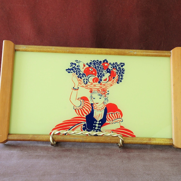 Woman with Fruit Basket on Head, Vintage Wood Reverse Painted Glass Tray, Carmen Miranda Inspired Tray, Woman Harvesting Apples, Grapes