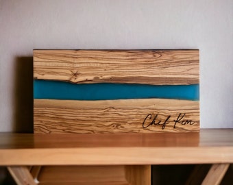 Custom Olive Wood and Blue Resin Charcuterie Board Wedding and New Home Gift Personalized and Custom Rustic