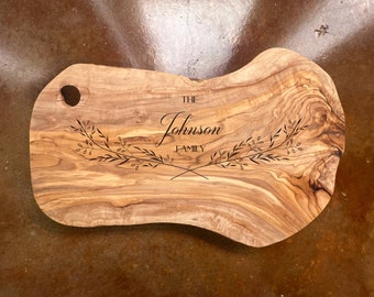 Custom Cheese Board Rustic Olive Wood, Engraved Charcuterie Serving Board