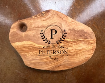 Custom Cheese Board Rustic Olive Wood, Engraved Charcuterie Serving Board