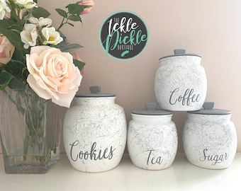 White and Grey ALL MARBLE Tea Coffee Sugar Canisters Kitchen