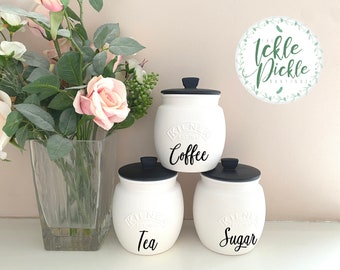 White and Black Tea Coffee Sugar Canisters. Kitchen storage. Cookie or Utensil glass Jar canister options. Kilner jars