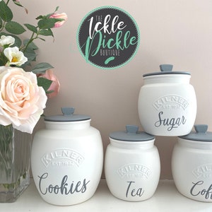 White and Grey Tea Coffee Sugar Canisters. Kitchen storage. Cookie or Utensil glass Jar canister options. Kilner jars