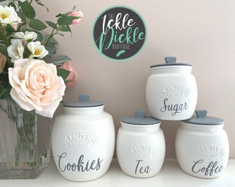White and Grey Tea Coffee Sugar Canisters. Kitchen storage. Cookie or Utensil glass Jar canister options. Kilner jars